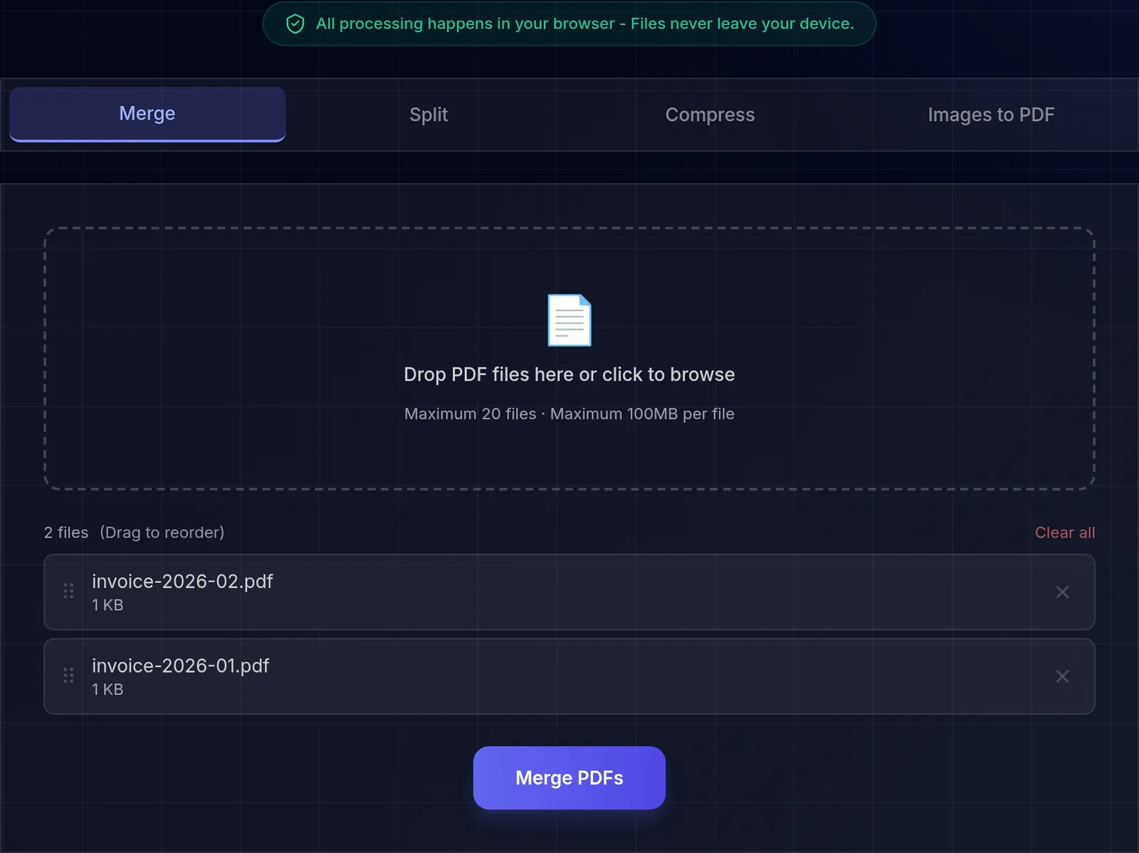 The PDF merge queue holding two files, invoice-2026-02.pdf above invoice-2026-01.pdf, each with a drag handle and a remove button, under the label "2 files (Drag to reorder)" and above a Merge PDFs button.