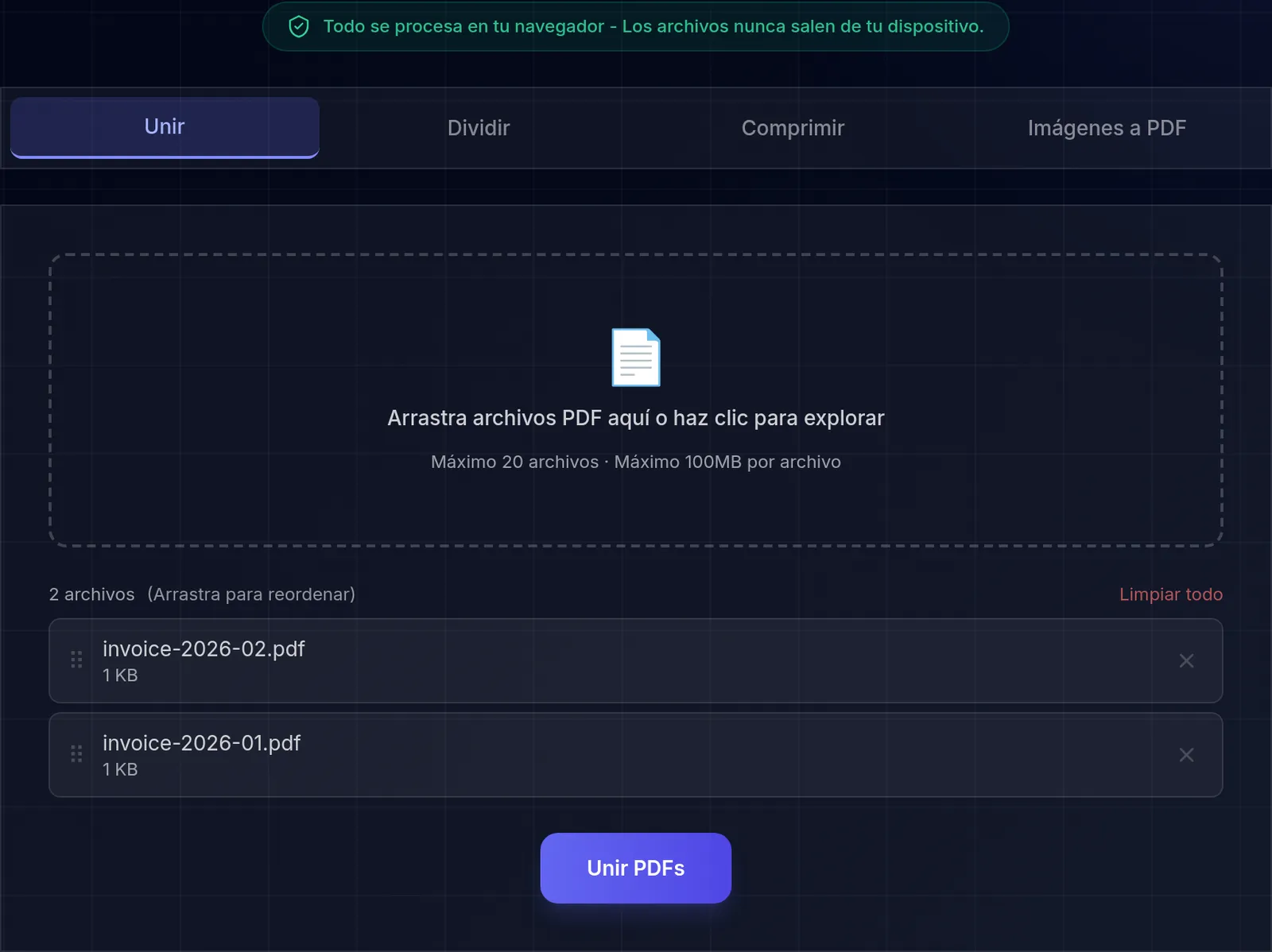 La cola de unión de PDF con dos archivos, invoice-2026-02.pdf encima de invoice-2026-01.pdf, cada uno con un asa para arrastrar y un botón de eliminar, bajo la etiqueta «2 archivos (Arrastra para reordenar)» y sobre el botón Unir PDFs.