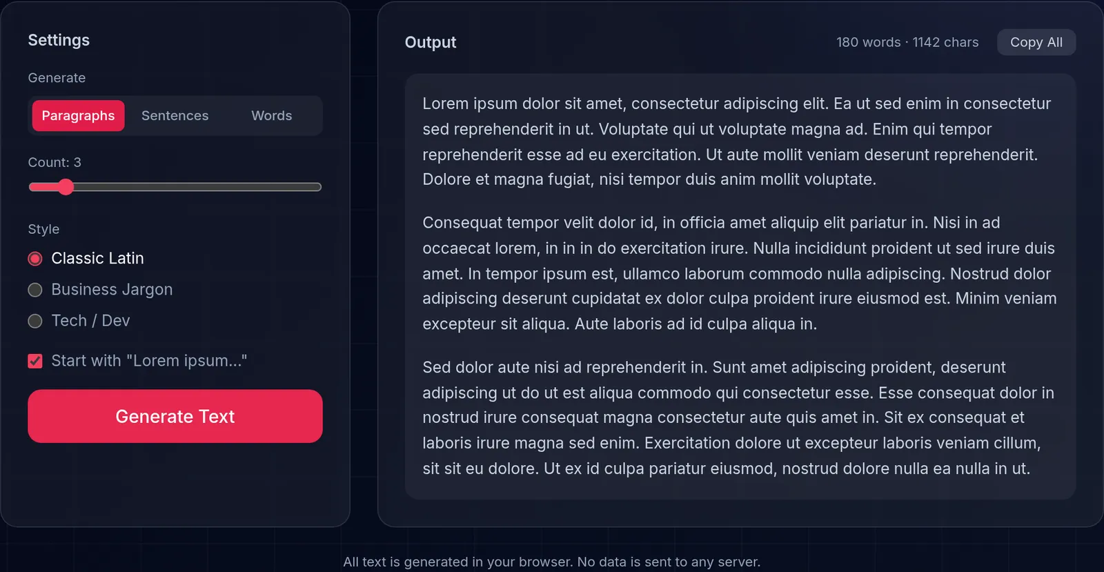 The Lorem Ipsum generator set to three paragraphs of classic Latin, with the output panel reporting 180 words and 1,142 characters.