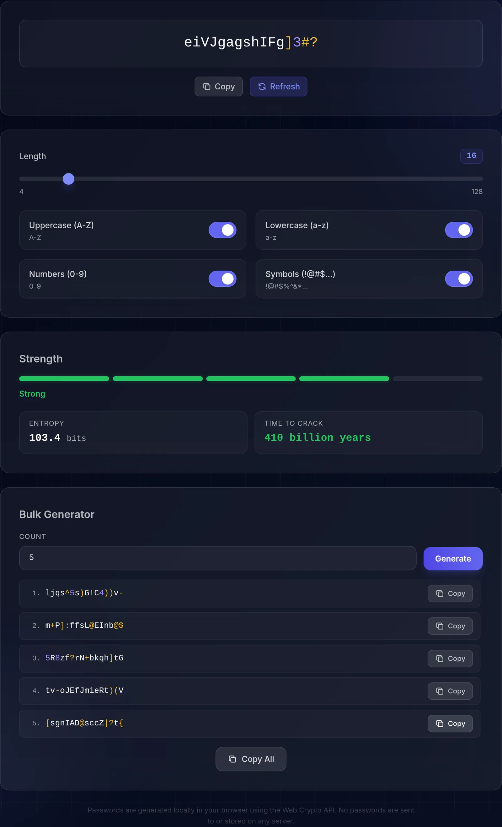 The password generator showing a 16-character password with upper case, lower case, digits and symbols enabled, a strength read-out of 103.4 bits of entropy, and a bulk generator listing further passwords.