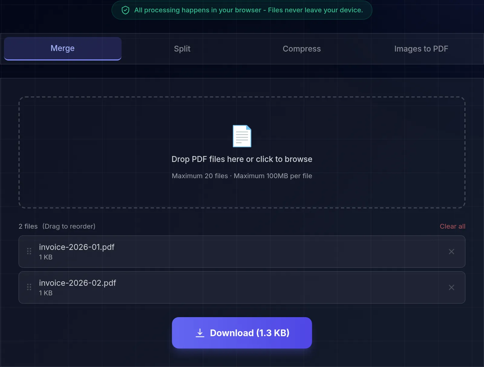 The PDF tool on the Merge tab with two sample invoices of 1 KB each queued in order, and a download button offering the merged result at 1.3 KB.